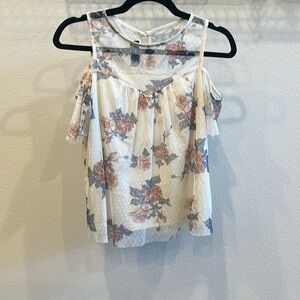 Cream and Floral Mesh Lined Cold-Shoulder Top